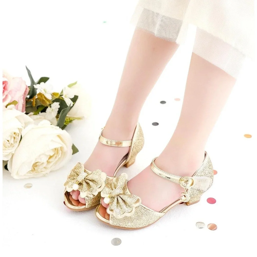 Girls Heeled Sandals Gold Tone Glitter Size 13. Perfect For Weddings